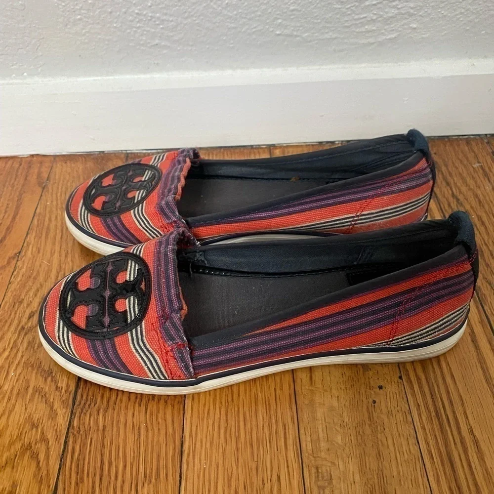 Tory Burch Striped Canvas Slip On Flats Size 5